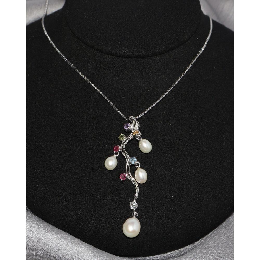 WH Sterling Silver Multicolor Stones & Pearl Necklace 7.83G / 20-22in
